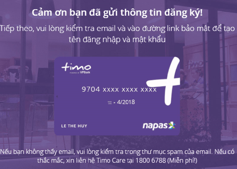 Email xác thực tài khoản khi đăng ký mở thẻ Timo